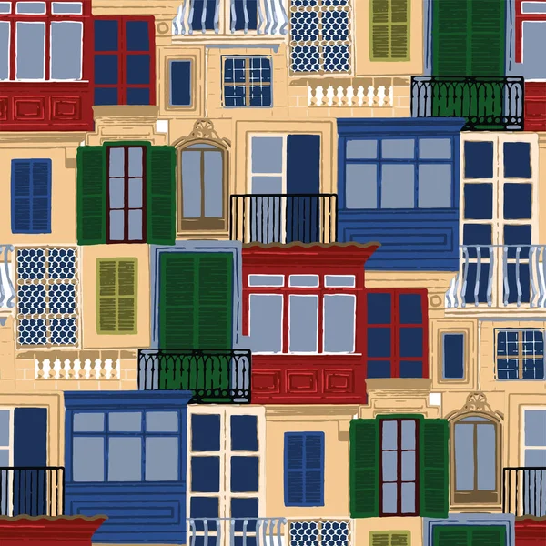 Nahtloses Muster von antiken maltesischen Balkonen mit verschiedenen Dekorationen und Farben. — Stockvektor