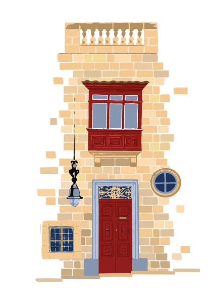 Teil des traditionellen maltesischen Hauses aus Sandsteinziegeln mit roten Türen und Balkon. — Stockvektor