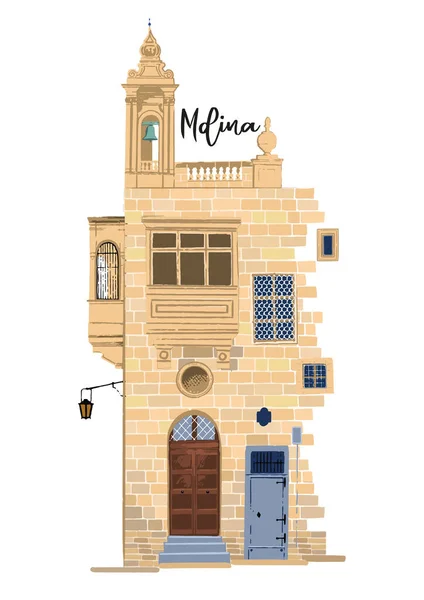 Part of traditional maltese house in Mdina made of sandy stone bricks with various doors, windows and balconies — Stock vektor