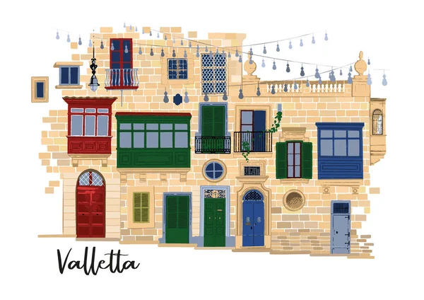 Součástí tradičních maltských domů ve Vallettě z pískových kamenných cihel s různými dveřmi, okny a balkony — Stockový vektor