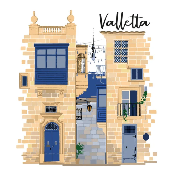Partes de duas casas tradicionais maltesas em Valletta feitas de tijolos de pedra arenosa com várias portas, janelas e varandas — Vetor de Stock