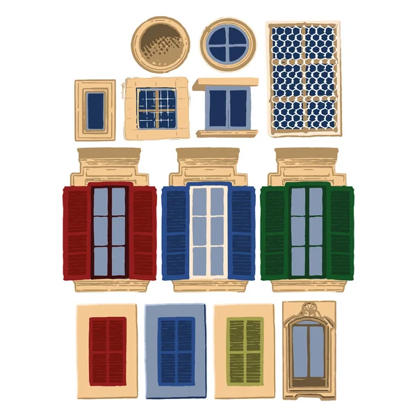 Colección vectorial de ventanas tradicionales maltesas con varias decoraciones y colores — Archivo Imágenes Vectoriales