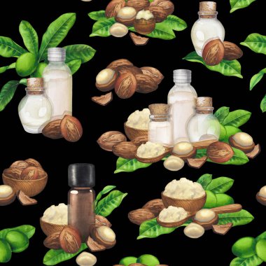 Shea fındığı ve yapraklarıyla süslenmiş kusursuz suluboya desenleri.