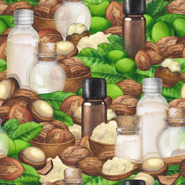 Patrón sin costuras de aceites esenciales de acuarela decorados con nueces de karité y hojas — Foto de Stock