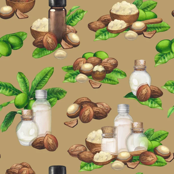 Seamless pattern of watercolor essential oils decorated with shea nuts and leaves