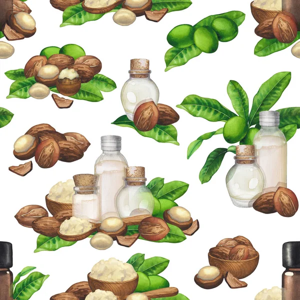 Patrón sin costuras de aceites esenciales de acuarela decorados con nueces de karité y hojas —  Fotos de Stock