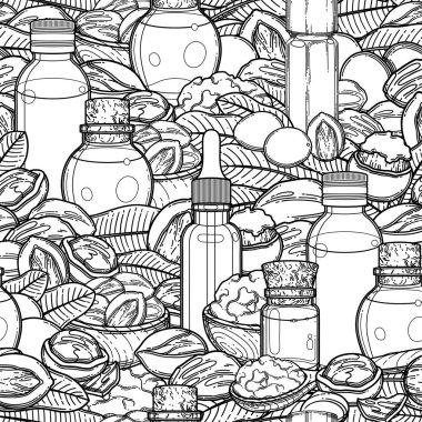 Shea fındığı ve yapraklarıyla süslenmiş kusursuz grafik esaslı yağlar.