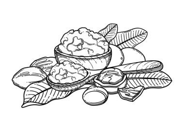 Tahta kase ve kaşıkta Shea bitkilerinin ve tereyağının grafiksel bileşimi.