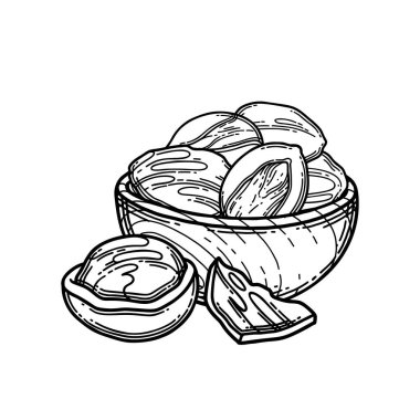 İçinde kuru Shea fındığı olan grafiksel ahşap kase..