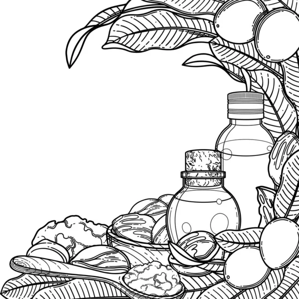 Grafické olejové láhve obklopené bambuckými rostlinami a máslem. — Stockový vektor