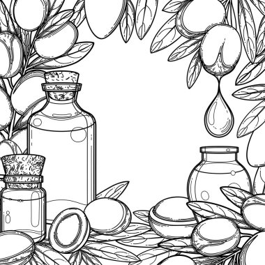 Argan bitkileriyle çevrili grafiksel yağ şişeleri.