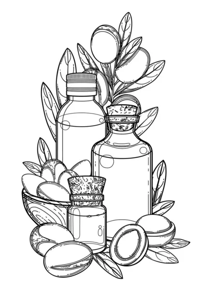 Drei grafische Ölflaschen umgeben von Arganpflanzen — Stockvektor