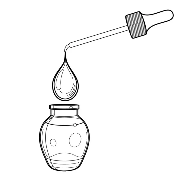 Gota de óleo gráfico gotejando do conta-gotas na pequena garrafa de vidro . —  Vetores de Stock