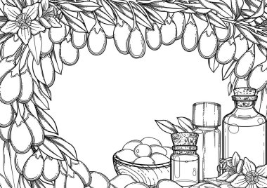 Yapraklar, yapraklar ve çiçeklerle süslenmiş, gerekli grafiksel yağ şişeleri..