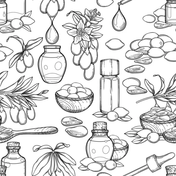 Бесшовный рисунок графических эфирных масел, украшенных ягодами годжи, цветами и листьями — стоковый вектор