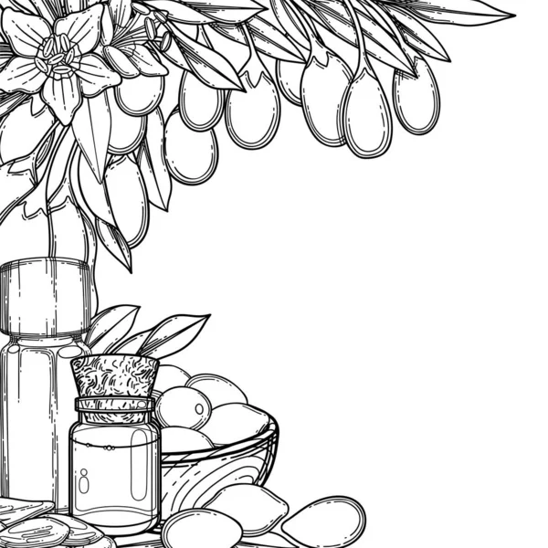 Grafiska eteriska oljeflaskor dekorerade med gojibär, blad och blommor. — Stock vektor