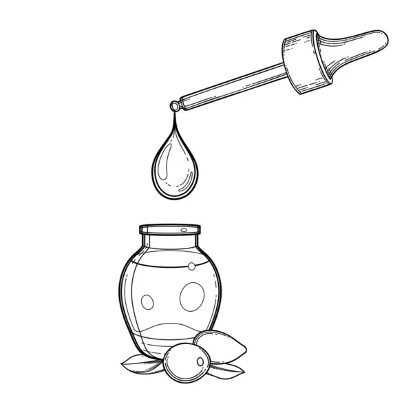 Goutte d'huile graphique goutte à goutte de la compte-gouttes à l'intérieur de la bouteille en verre décorée de feuilles de goji et de baies. — Image vectorielle