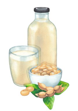 Bardakta, şişede ve kasede soya bitkileriyle süslenmiş suluboya bitki sütü..
