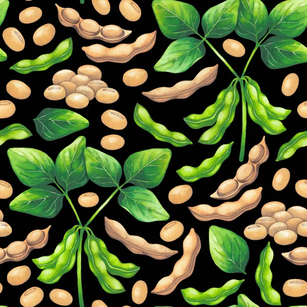 Watetcrolor αδιάλειπτη μοτίβο των σπόρων σόγιας και των φύλλων. — Φωτογραφία Αρχείου