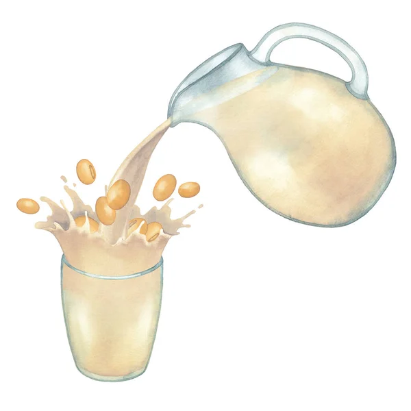 Akvarelové rostlinné mléko nalévající se ze skleněného džbánu do šálku se šplouchnutím sójových bobů — Stock fotografie