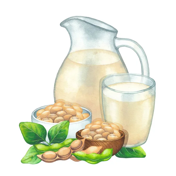 Watercolor plant based milk in the glass jug, cup and bowl decorated with soy plants