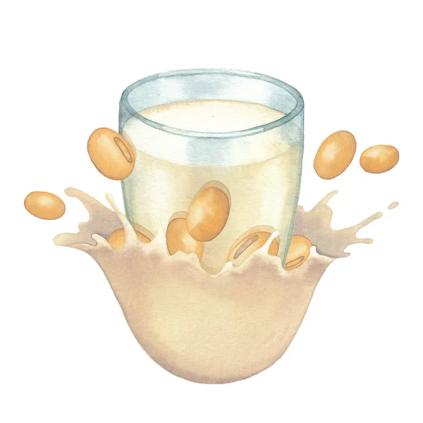 Aquarelglas van de plantaardige melk versierd met spetters en sojabonen — Stockfoto