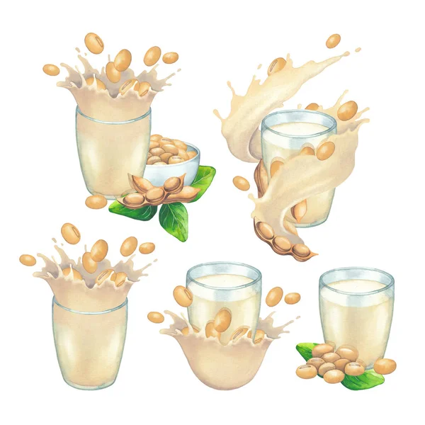 Aquarel collectie van plantaardige melk in het glas versierd met spatten en soja planten. — Stockfoto