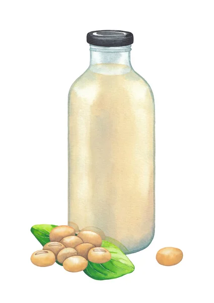 식물 의호 색 유리 병에는 콩으로 장식 된 우유가 들어 있다 — 스톡 사진