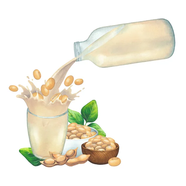 Akvarel rostlinné mléko nalévání ze skleněné láhve do kelímku se šplouchnutím sójových bobů. — Stock fotografie