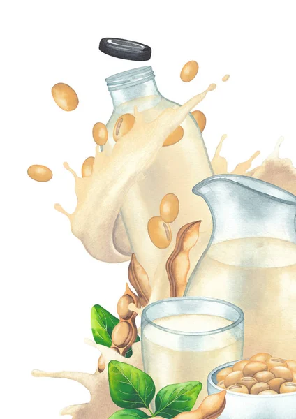 Akvarelové rostlinné mléko ve skleněném džbánu, poháru a láhvi zdobené sójovými rostlinami a cákancemi — Stock fotografie