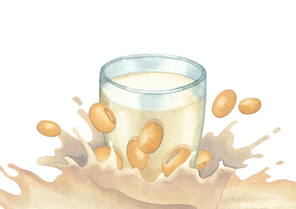 Akvarelové sklo rostlinného mléka zdobené cákancemi a sójovými boby — Stock fotografie