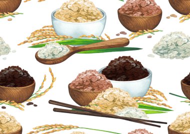 Watercolor seamless pattern of compositions with three types of rice grains and plants clipart