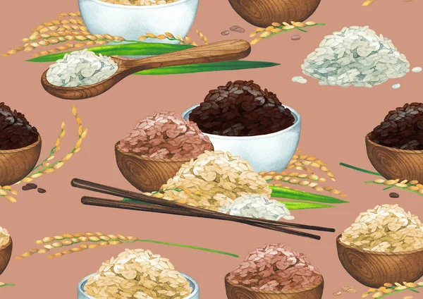 三种水稻籽粒和植物组合而成的水色无缝图案 — 图库照片