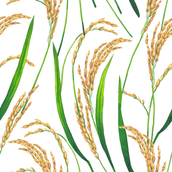 Akvarell sömlös mönster av ris pinnar och blad. — Stockfoto
