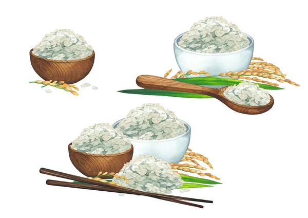 Akvarel sbírka misky rýže zdobené obilovinami a dřevěnými tyčinkami. — Stock fotografie