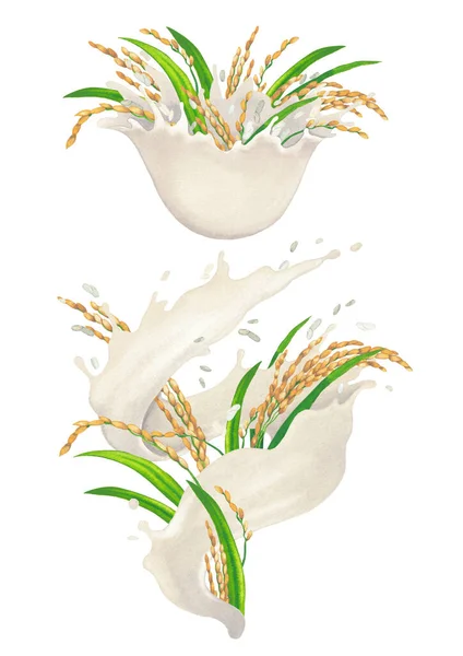 Akwarelowe plamy mleka roślinnego z patyczkami i liśćmi ryżu — Zdjęcie stockowe