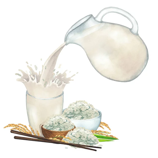 Akvarell alapú tej ömlött a kancsóból az üvegbe egy csepp szójababbal — Stock Fotó