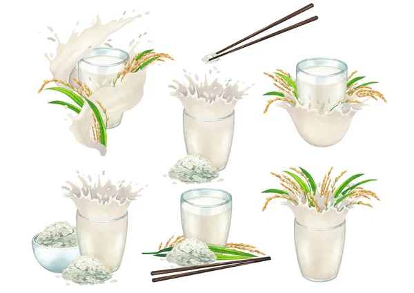 Collection aquarelle de lait végétal dans les verres décorés de riz, bâtonnets et bols — Photo