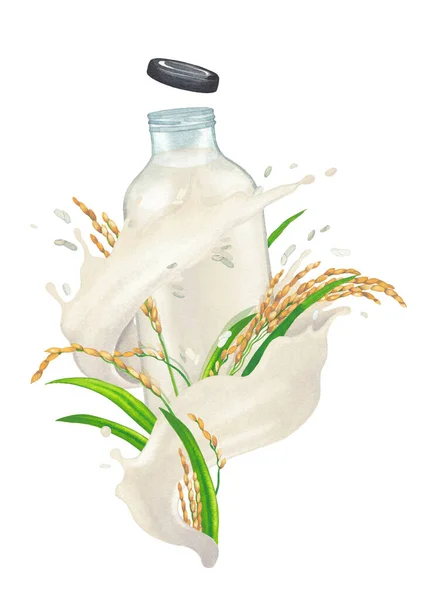 Air berwarna tanaman berbasis aliran susu dengan tongkat beras dan daun mengalir di sekitar botol kaca. — Stok Foto