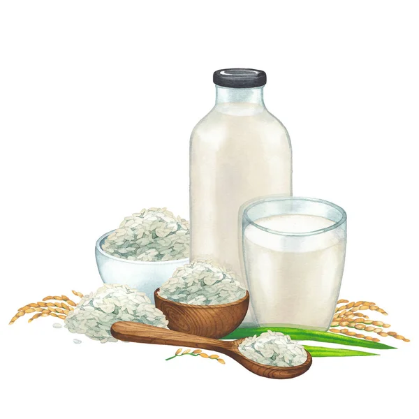 Botella de acuarela y vaso de la leche a base de plantas decoradas con cuencos y cuchara de arroz y cereales — Foto de Stock