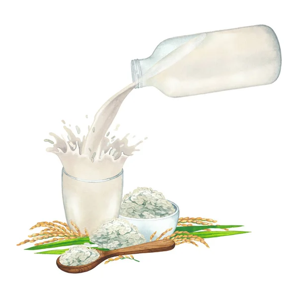 Aquarell pflanzliche Milch gießt aus der Glasflasche in die Tasse mit einem Spritzer Reis — Stockfoto