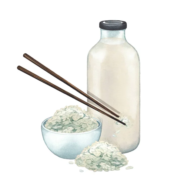 Botella de vidrio acuarela de la leche a base de plantas con el tazón de arroz y palos de madera —  Fotos de Stock