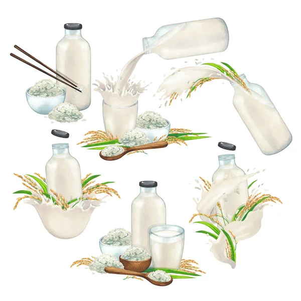 Colección de acuarela de leche vegetal en las botellas de vidrio y tazas decoradas con arroz, palos y cuencos. — Foto de Stock