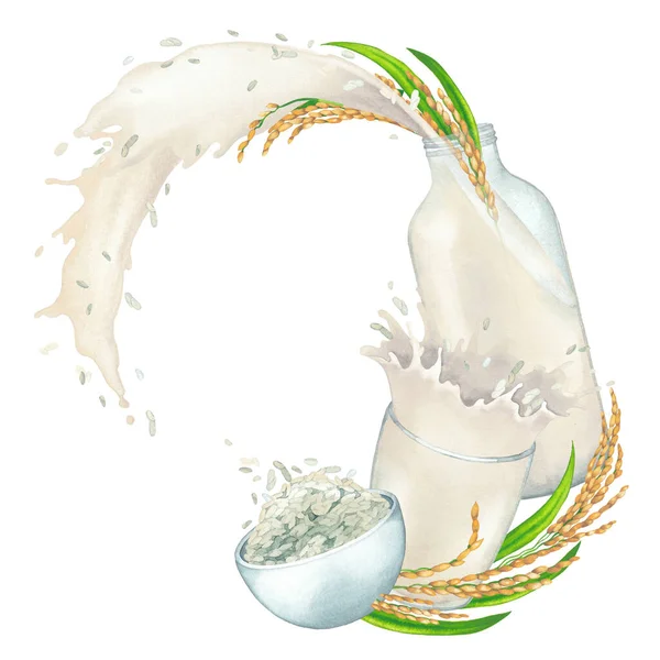 Circular watercolor design with the bowl of rice, cereals, glass, bottle and milk splashes. — Stock Photo, Image