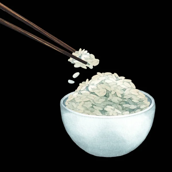 Akwarelowa miska białego ryżu z drewnianymi kijami — Zdjęcie stockowe