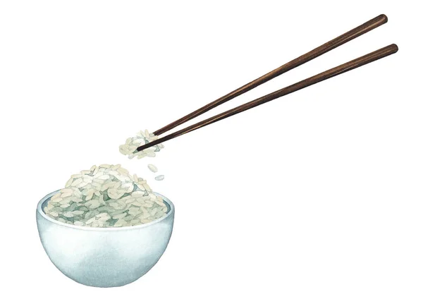 Akwarelowa miska białego ryżu z drewnianymi kijami — Zdjęcie stockowe