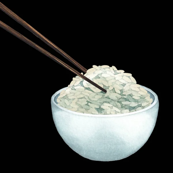 Watercolor bowl of white rice with the wooden sticks — Stock Photo, Image