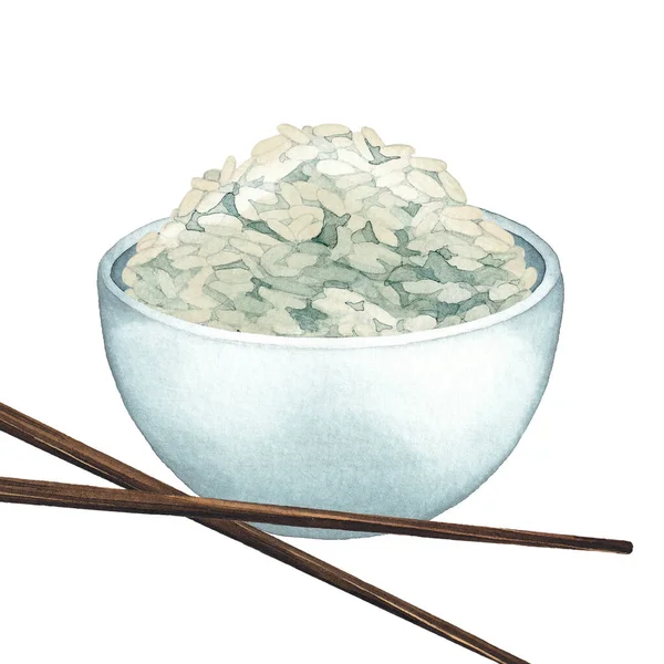 Watercolor bowl of white rice with the wooden sticks — Stock Photo, Image