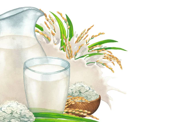 Lanzador de acuarela y el vaso de leche a base de plantas decoradas con tazones de arroz, cereales y salpicaduras. — Foto de Stock