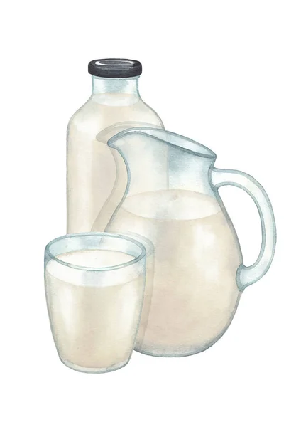 유리, 병 및 우유 주스 의수 채색. — 스톡 사진